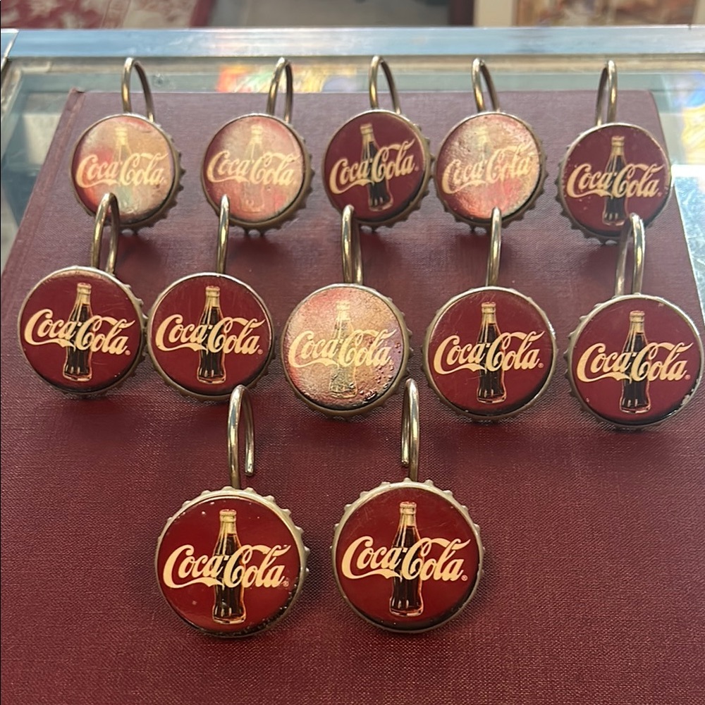 Coca-Cola Red and White Bottle Cap‎ shower curtain hooks.
